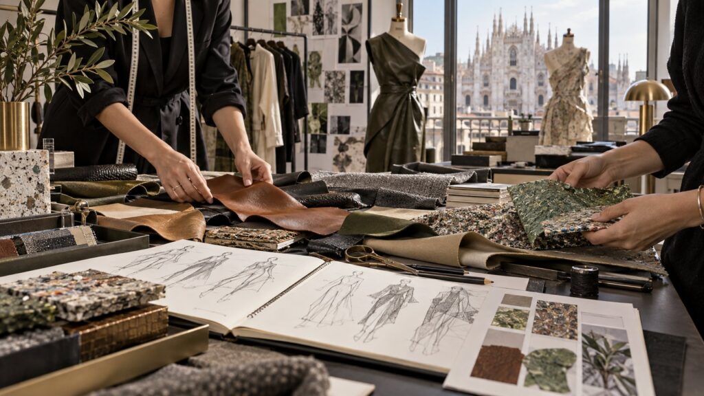 Editorial illustration of fashion designers examining material swatches in a Milan studio