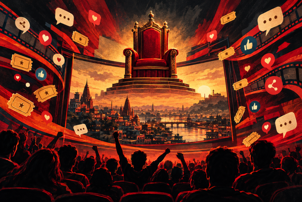 Conceptual illustration of a cinema screen becoming a throne as social-media symbols and ticket stubs surround an excited audience.