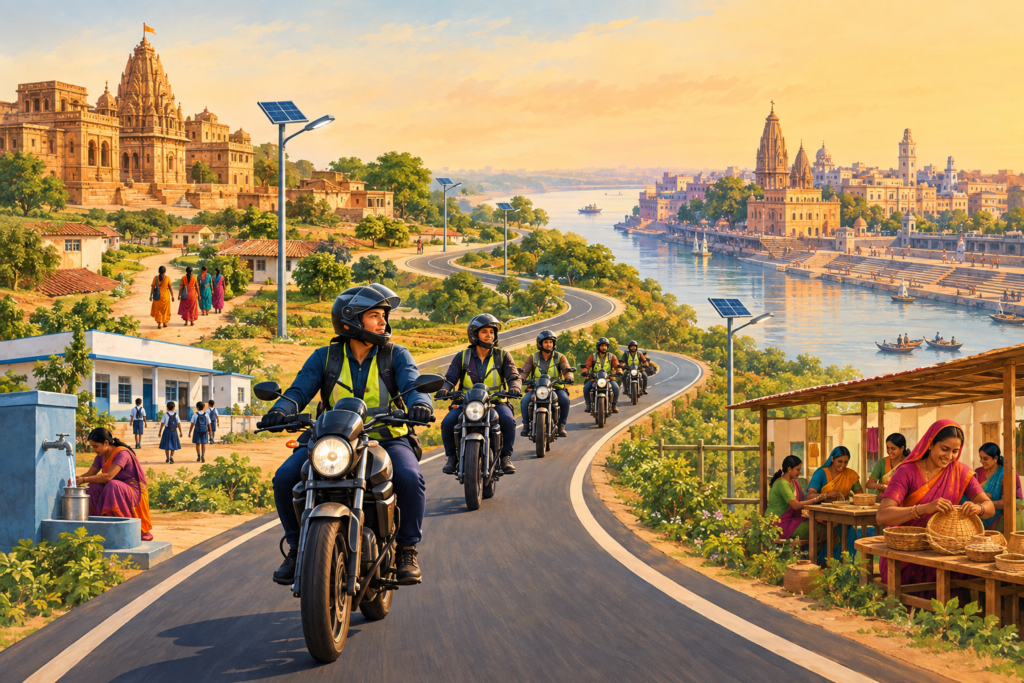 Illustration of motorcycle volunteers travelling between symbolic Indian towns amid rural infrastructure and community development motifs.