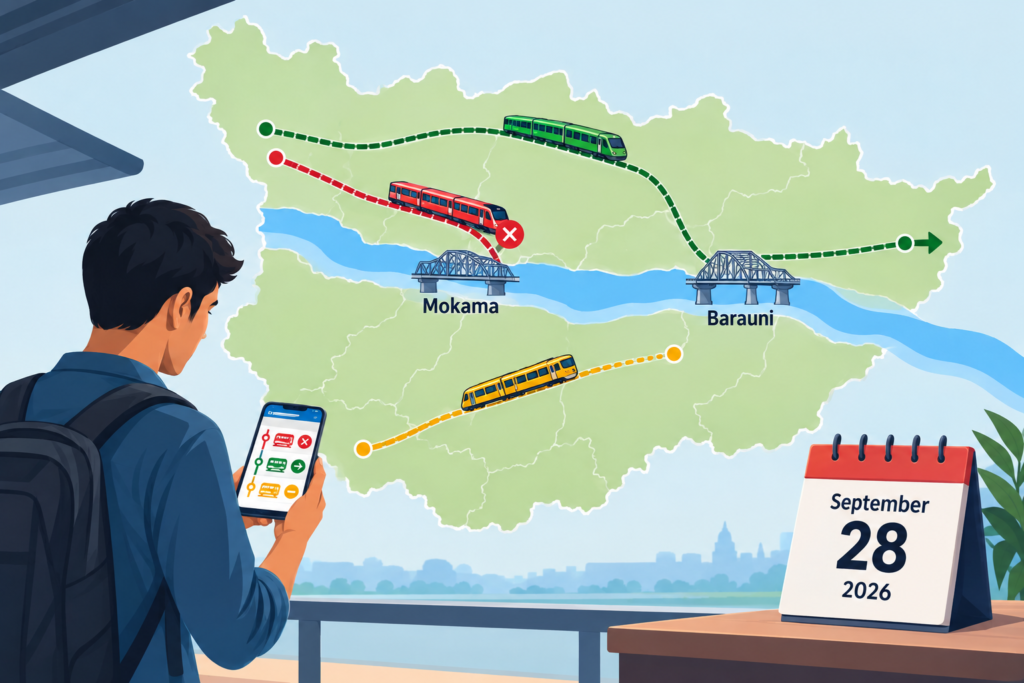 Conceptual rail map showing cancelled, diverted and shortened train journeys near a bridge between the Mokama and Barauni areas.