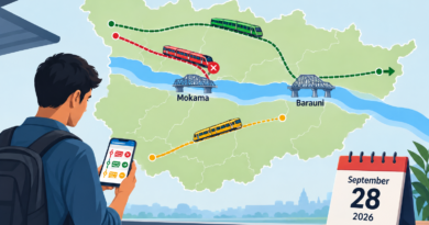 Conceptual rail map showing cancelled, diverted and shortened train journeys near a bridge between the Mokama and Barauni areas.