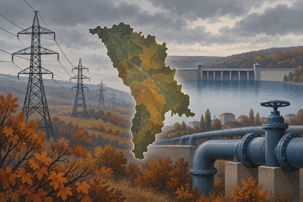 AI editorial illustration with a stylized approximate Moldova silhouette, power lines, reservoir and water pipes; not a real event scene or precision map.