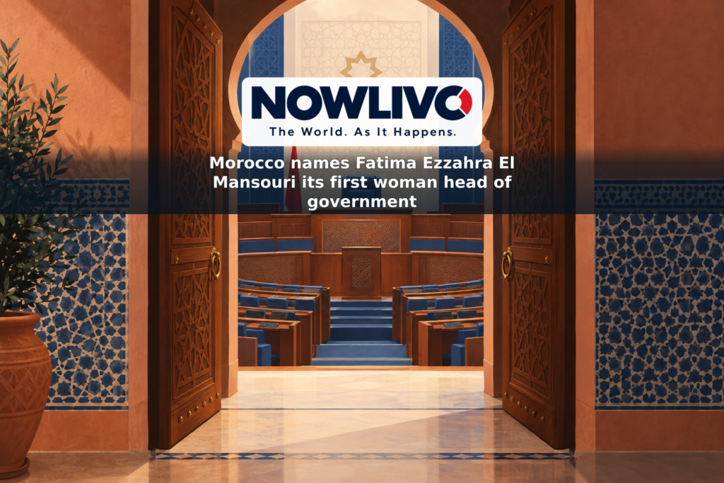 Conceptual illustration of an open doorway leading toward an empty leadership chair in a Moroccan parliamentary setting.