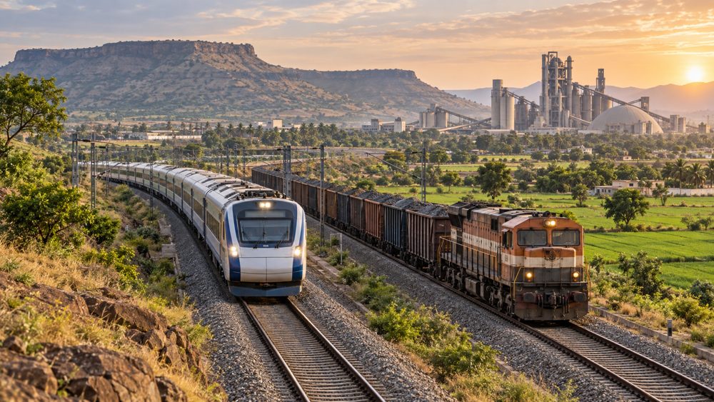 Illustrated passenger and freight trains on parallel tracks near an industrial plant in Maharashtra