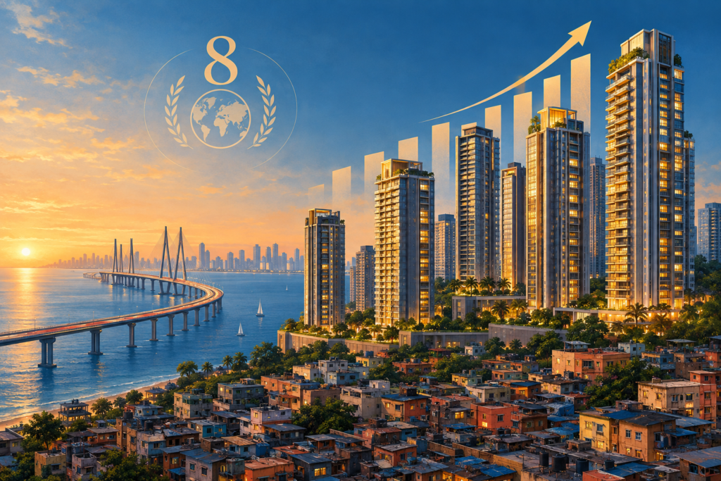 Editorial illustration of Mumbai luxury towers, a rising property-price chart and the number eight above contrasting compact housing.