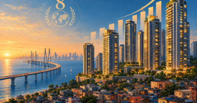 Editorial illustration of Mumbai luxury towers, a rising property-price chart and the number eight above contrasting compact housing.