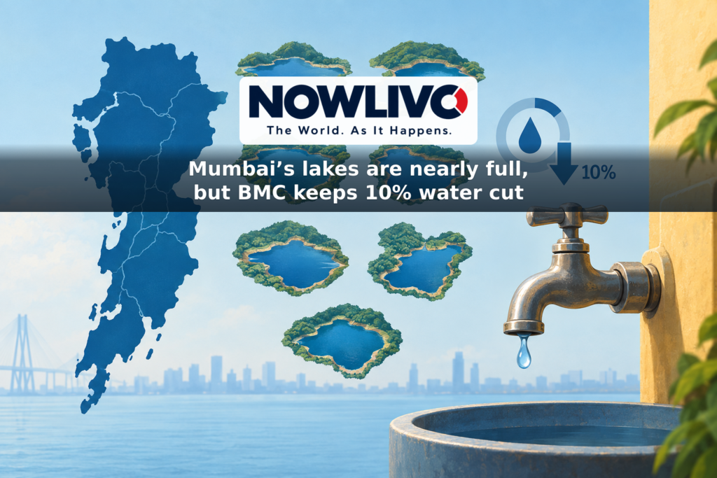 Conceptual illustration of seven reservoirs beside a Mumbai skyline and a household tap, representing the continuing water cut.