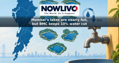Conceptual illustration of seven reservoirs beside a Mumbai skyline and a household tap, representing the continuing water cut.