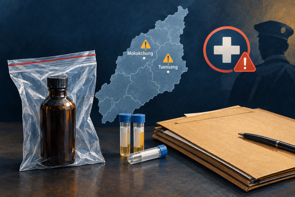 Editorial illustration showing Mokokchung and Tuensang on a Nagaland map alongside sealed liquor evidence, forensic samples and a health warning symbol.