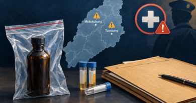 Editorial illustration showing Mokokchung and Tuensang on a Nagaland map alongside sealed liquor evidence, forensic samples and a health warning symbol.