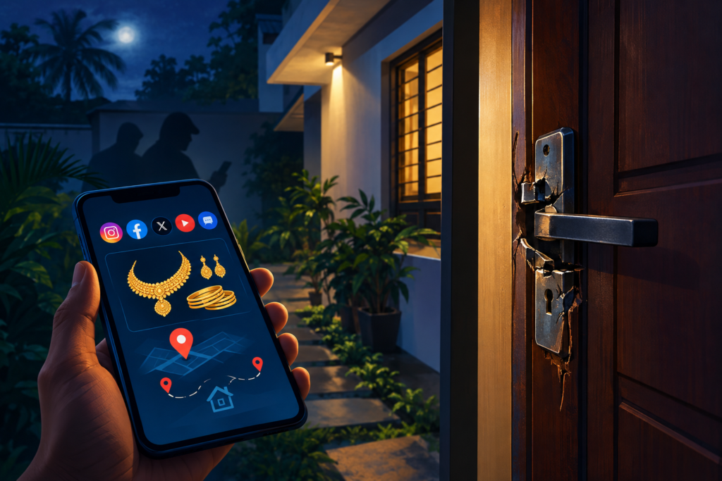 Conceptual illustration of a home burglary linked to the risks of displaying jewellery and location details on social media