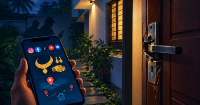 Conceptual illustration of a home burglary linked to the risks of displaying jewellery and location details on social media