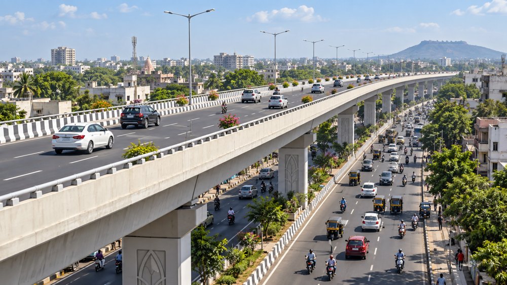 Illustration of traffic using an elevated road above a busy urban street in Maharashtra
