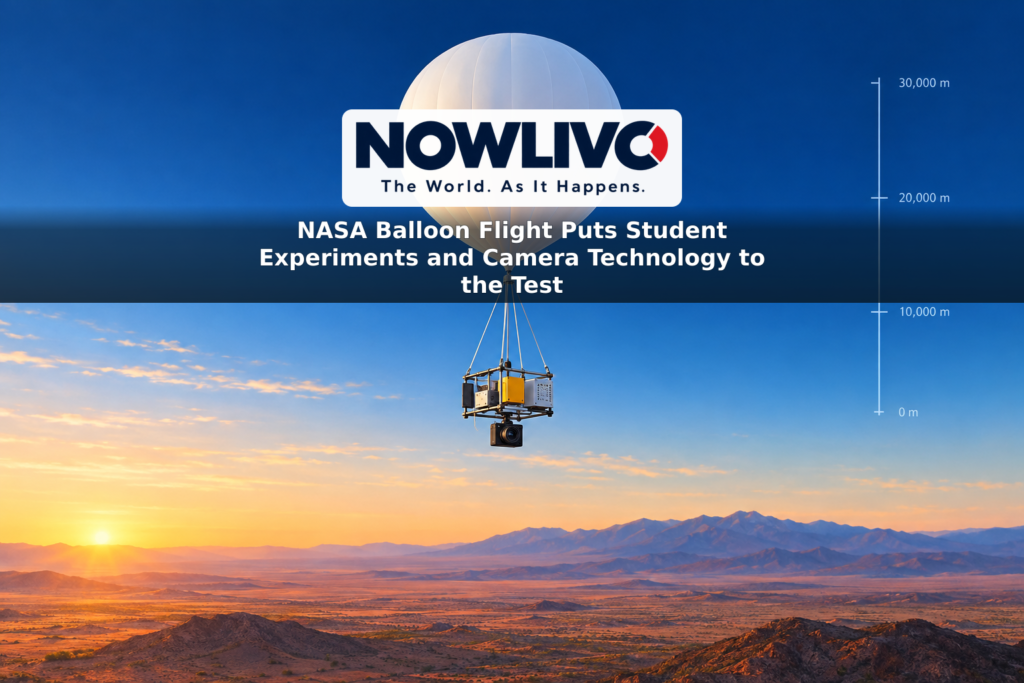 Conceptual illustration of a scientific balloon carrying experiment boxes and a camera module high above a desert landscape.