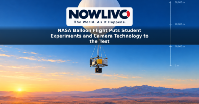 Conceptual illustration of a scientific balloon carrying experiment boxes and a camera module high above a desert landscape.
