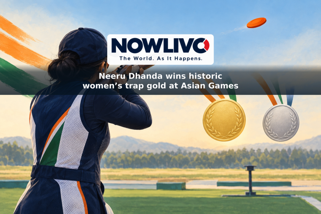 Illustration of a trap shooter aiming toward a clay target, with gold and silver medal motifs and Indian tricolor accents.