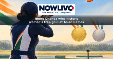Illustration of a trap shooter aiming toward a clay target, with gold and silver medal motifs and Indian tricolor accents.