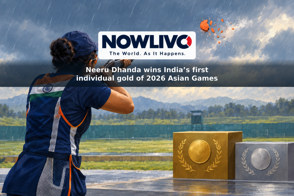 Conceptual illustration of a trap shooter at a rainy outdoor range with a breaking clay target and gold and silver motifs.
