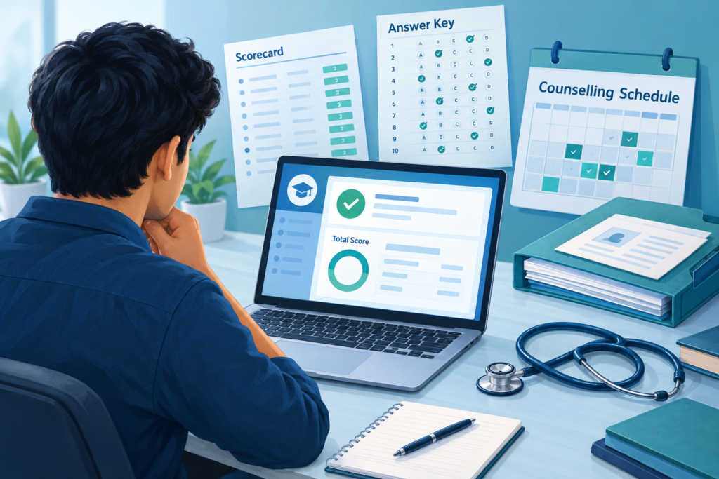 Illustration of a medical aspirant reviewing a result, scorecard, answer key and counselling checklist on a laptop.