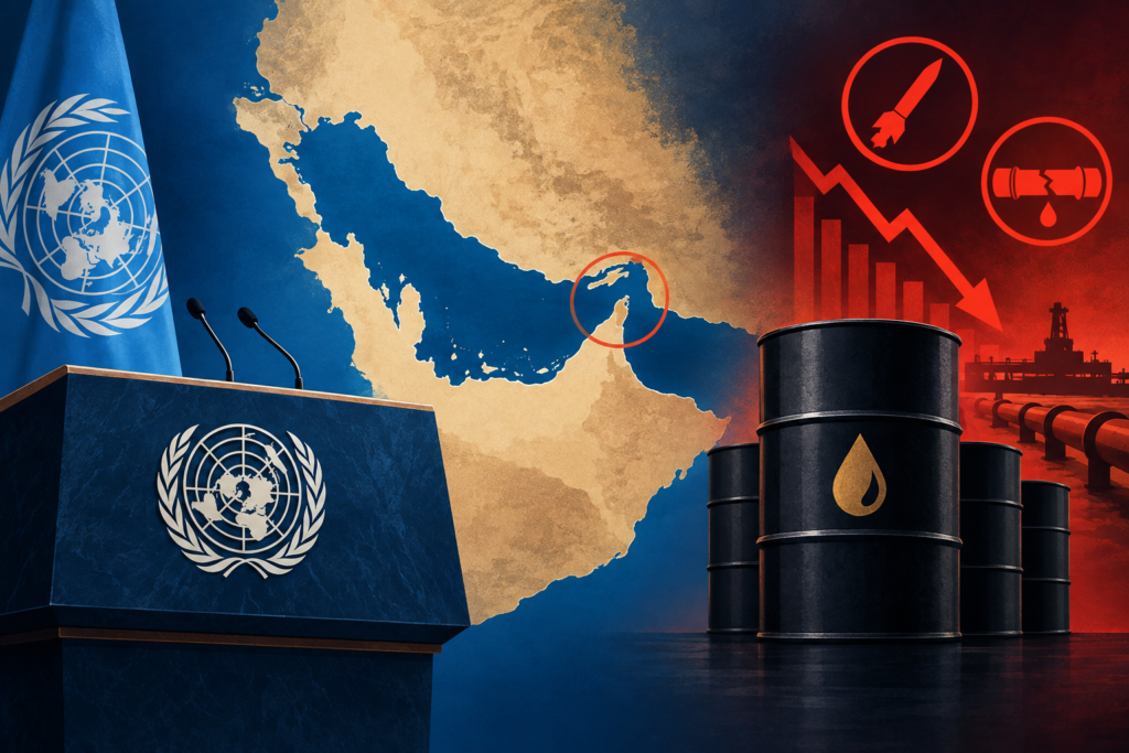 Conceptual illustration linking a UN podium, the Strait of Hormuz, falling oil prices and threats to pipelines and energy facilities.