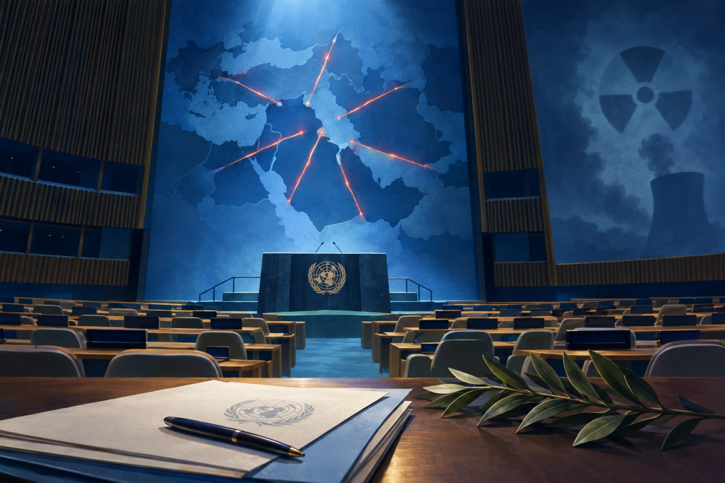 Editorial illustration of an emptying UN chamber with seven lines radiating across an abstract Middle East map and a symbolic warning over Iran.