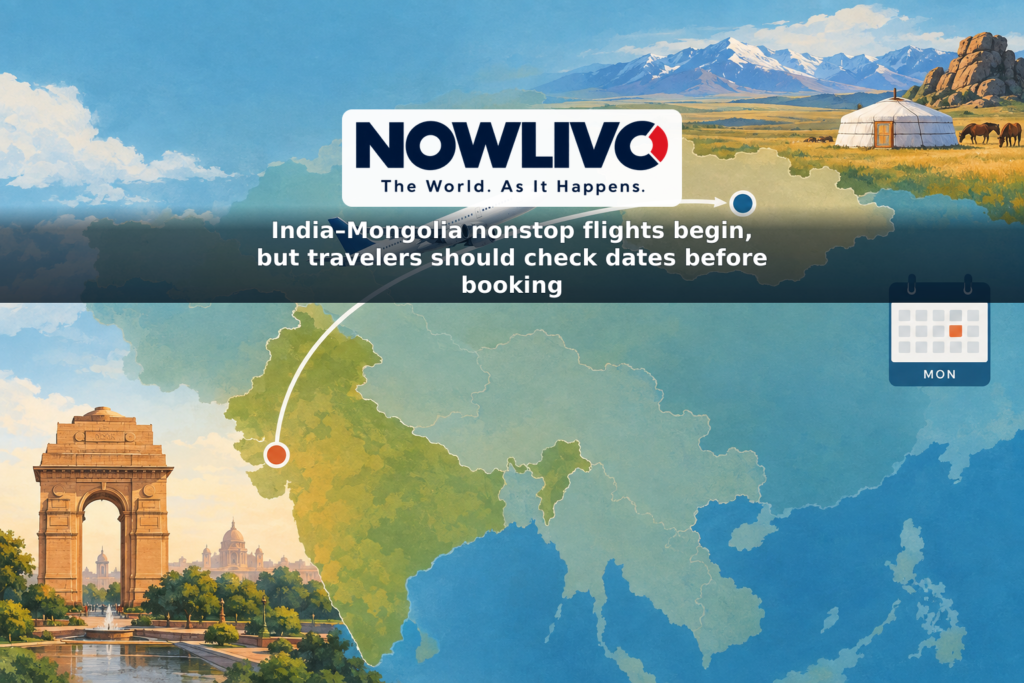 Illustrated aircraft route connecting New Delhi and Ulaanbaatar, with a calendar marking Monday service.