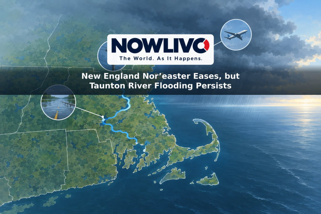Illustration of rain clouds moving away from southern New England while icons mark river flooding, road disruption, power outages and air travel.