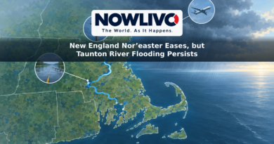 Illustration of rain clouds moving away from southern New England while icons mark river flooding, road disruption, power outages and air travel.