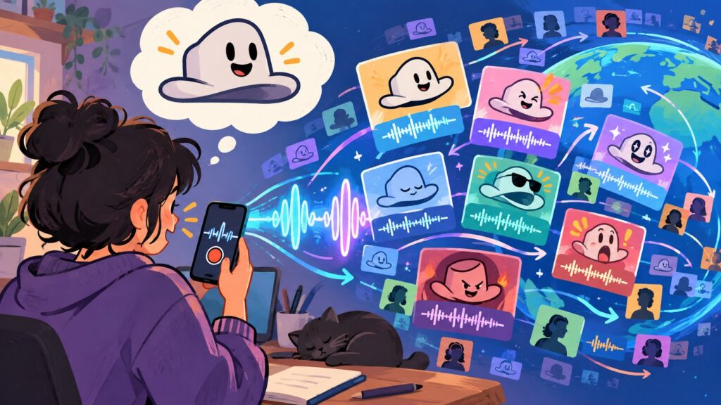 Cartoon illustration of a creator recording a hat voice and remixed audio clips spreading online
