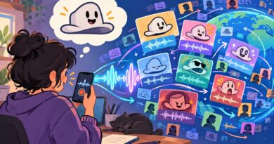 Cartoon illustration of a creator recording a hat voice and remixed audio clips spreading online
