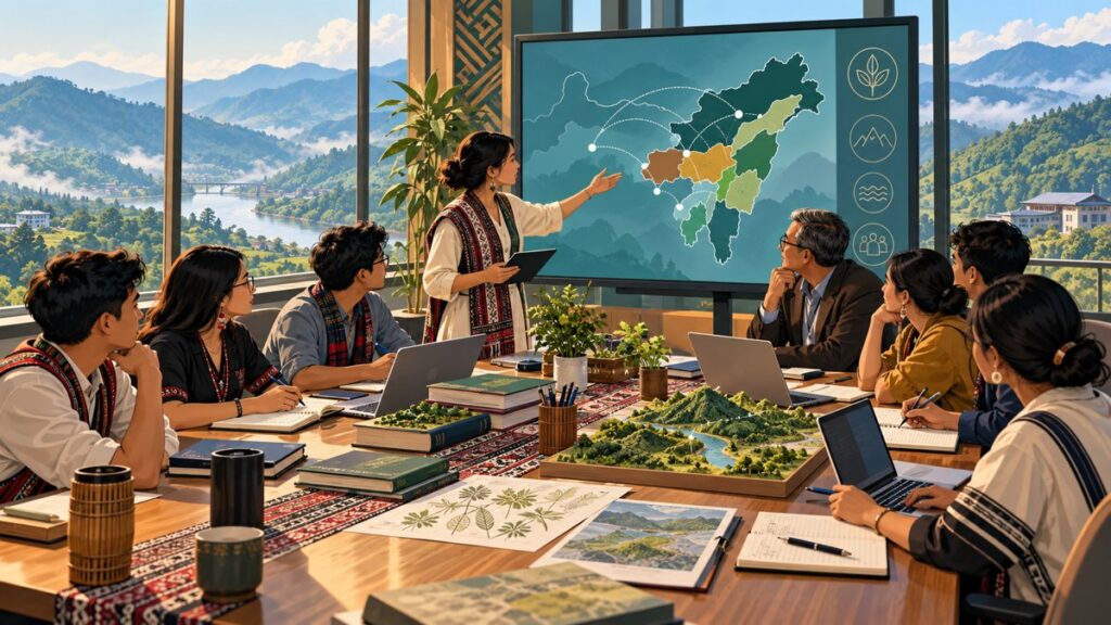 Editorial illustration of students and faculty discussing research collaboration across Northeast India