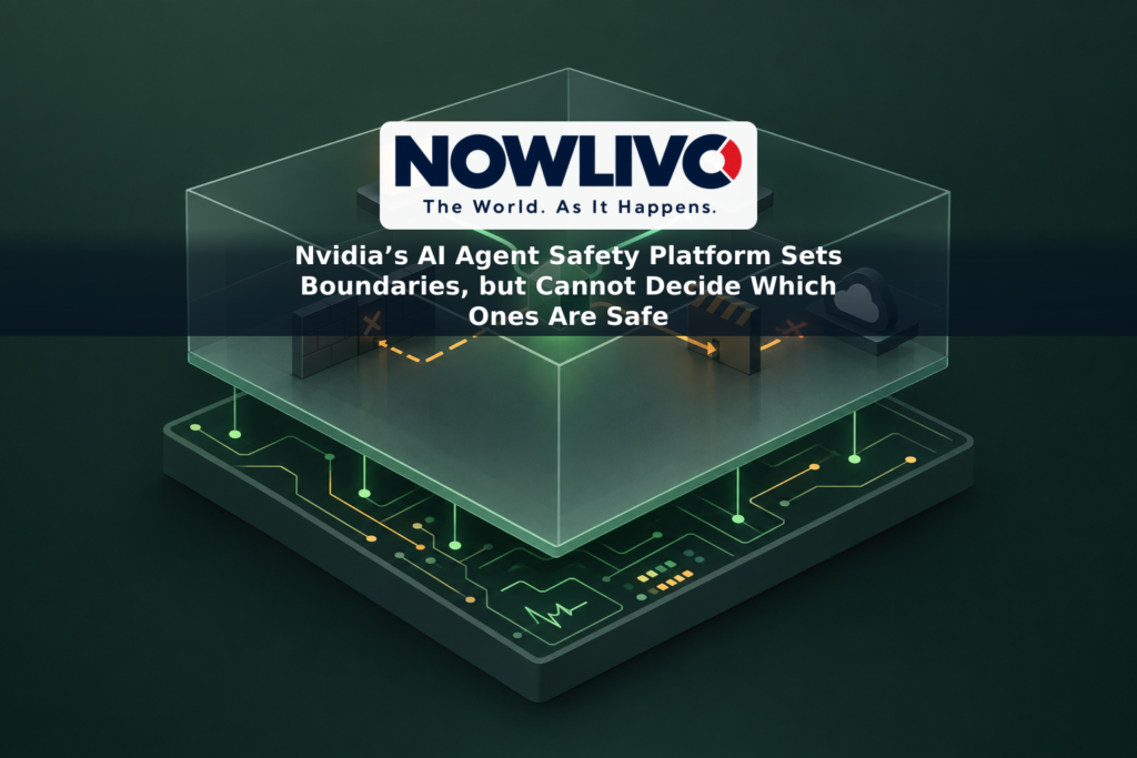 Illustration of an abstract AI agent inside a sandbox, with permitted pathways and blocked connections above a separate monitoring layer.