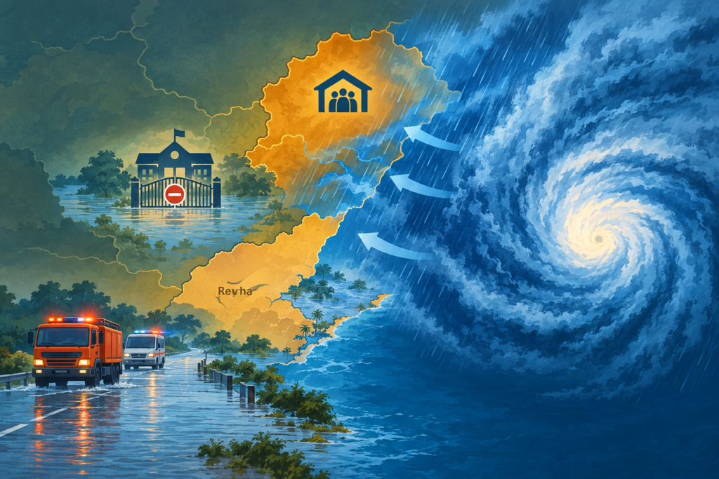 Illustration showing a rain system crossing the Odisha-Andhra Pradesh coast, with flooding, an evacuation shelter and closed schools.