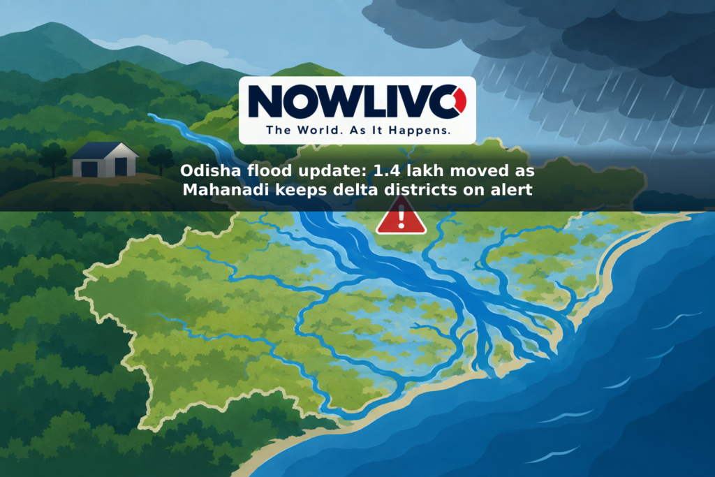Conceptual illustration of the Mahanadi branching across coastal Odisha, with a flood warning symbol and shelters on higher ground.