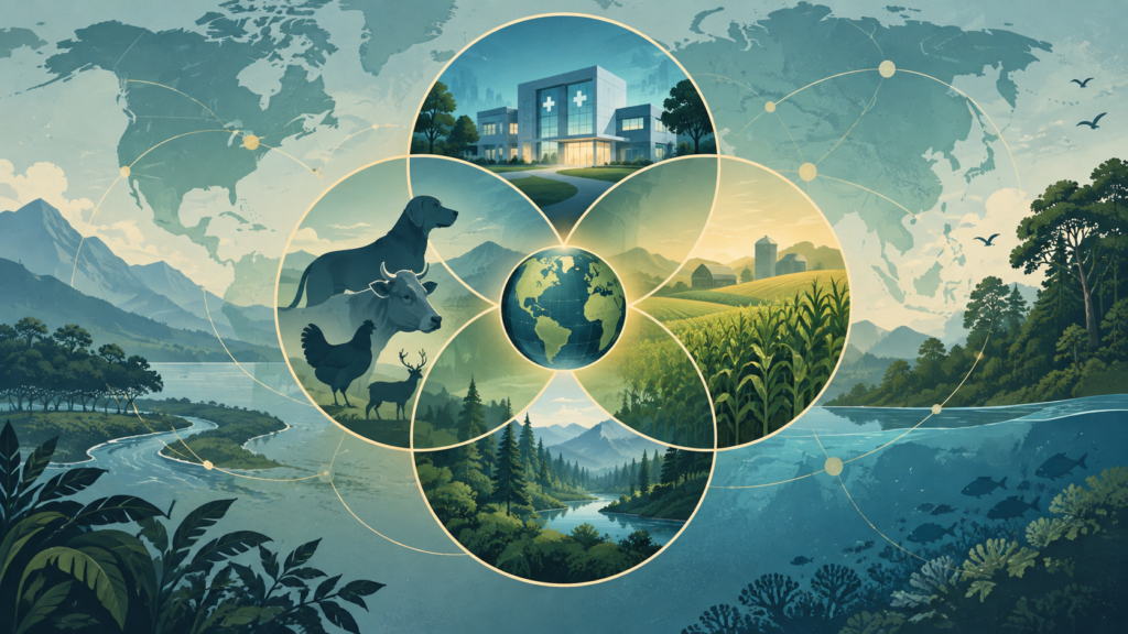 AI editorial illustration connecting a clinic, animals, farmland and ecosystems to explain the One Health approach