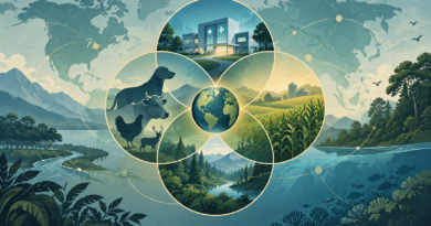 AI editorial illustration connecting a clinic, animals, farmland and ecosystems to explain the One Health approach