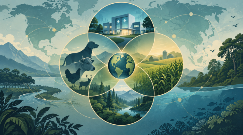 AI editorial illustration connecting a clinic, animals, farmland and ecosystems to explain the One Health approach