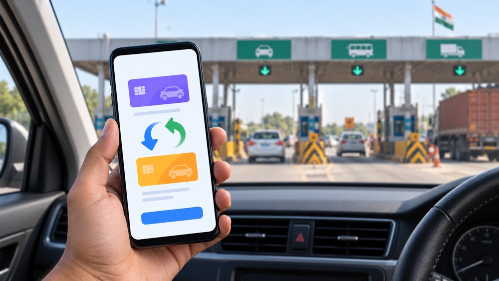 Illustration of a phone showing generic toll-tag account switching in a parked car near a highway toll plaza