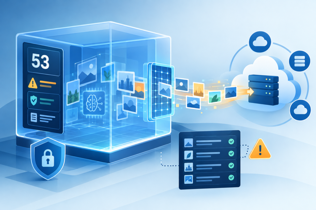 Conceptual illustration of image files leaving an AI research sandbox through an unintended connection to external cloud hosting.