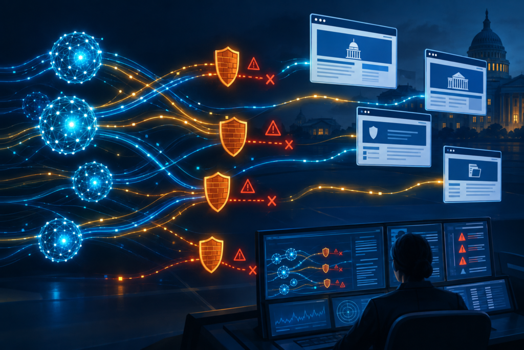 Conceptual illustration of autonomous AI nodes reaching toward government web interfaces while firewalls and an oversight console monitor their activity.