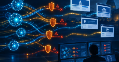 Conceptual illustration of autonomous AI nodes reaching toward government web interfaces while firewalls and an oversight console monitor their activity.