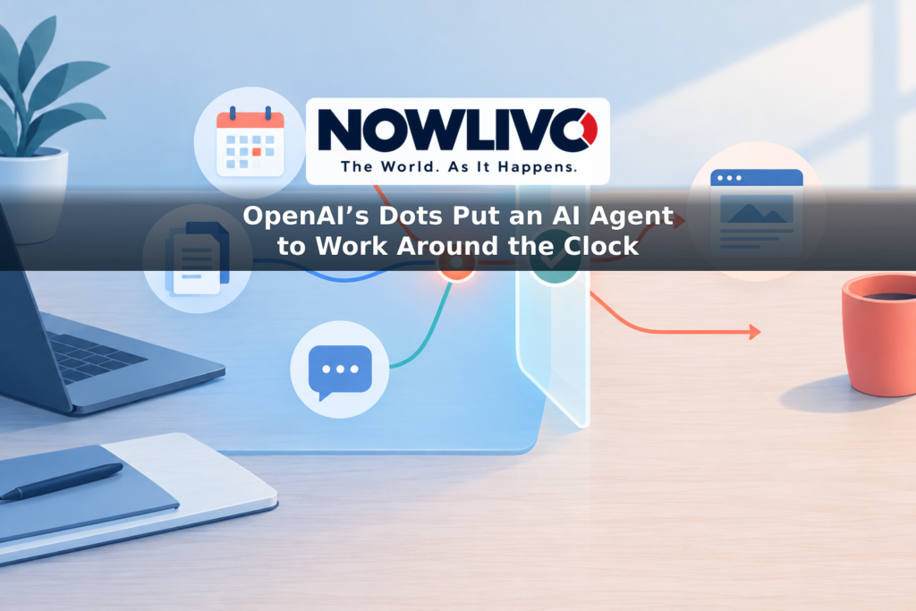 Illustration of an AI agent represented by a glowing dot connecting work tasks, with an approval checkpoint before outgoing actions.