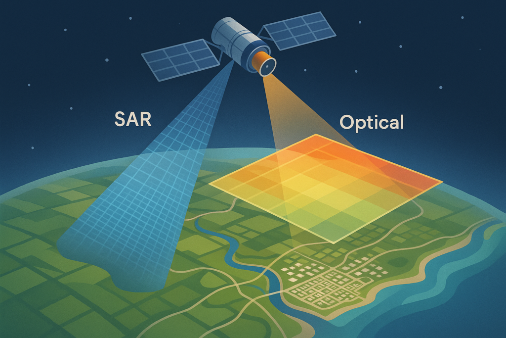 Conceptual illustration of a satellite sending a blue grid-patterned SAR beam and a warm color banded optical beam to Earth, their data streams converging into a fused layered map overlay.