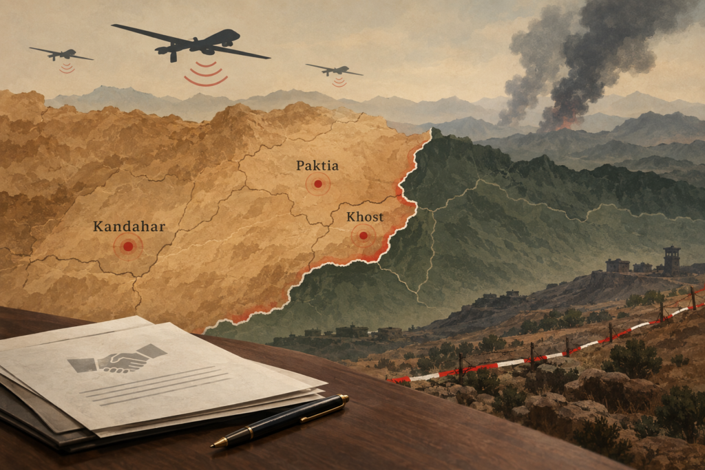 Conceptual map illustration showing drones, border tension and diplomatic pressure between Pakistan and Afghanistan.