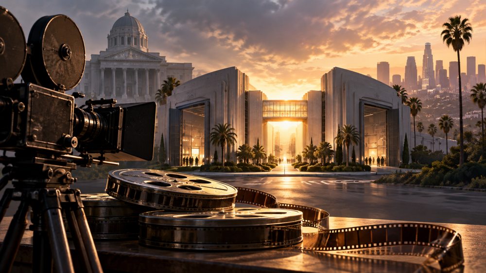 Editorial illustration of a film camera, reels and two studio buildings beside a courthouse