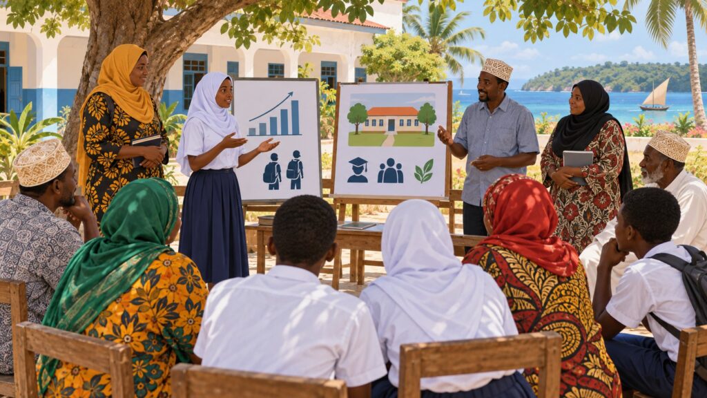 Editorial illustration of parents, students and teachers discussing school attendance in a Pemba courtyard