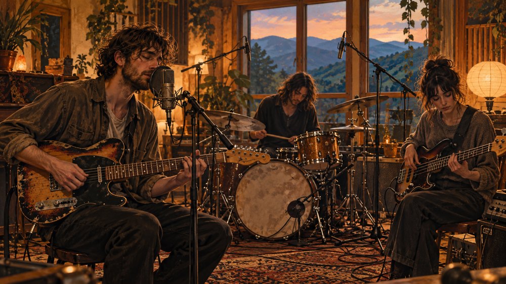 Illustration of a three-piece indie rock group recording guitar, bass and drums together in a studio