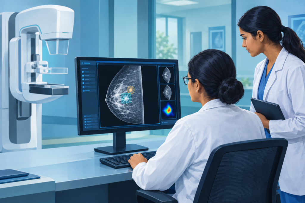 Illustration of a radiologist and resident reviewing an AI-assisted mammogram on a hospital workstation.