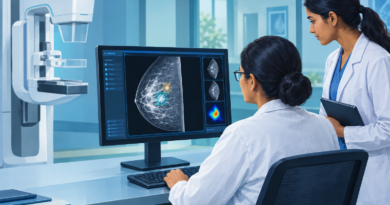 Illustration of a radiologist and resident reviewing an AI-assisted mammogram on a hospital workstation.