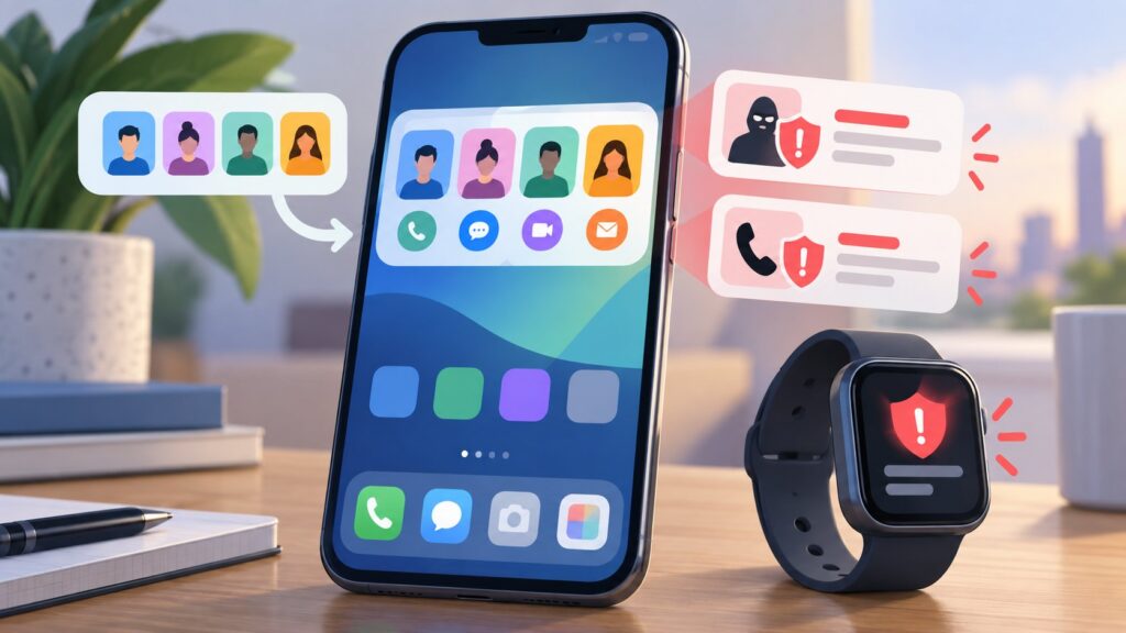 Editorial illustration of a smartphone with quick contact tiles and scam warning symbols beside a watch